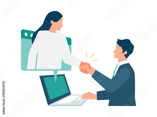 Online CRM business contract success with virtual handshake, remote partnership and global customer management, AI technology for digital deal closure and business development