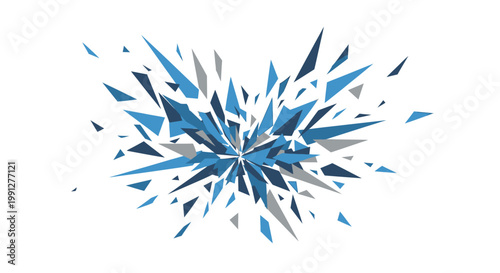 Abstract blue and gray geometric shards exploding on white background