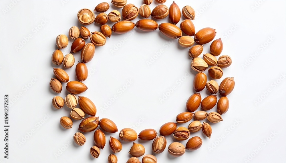 Obraz premium Argan seeds form a circular composition with empty space in the center, white background, minimalist design.