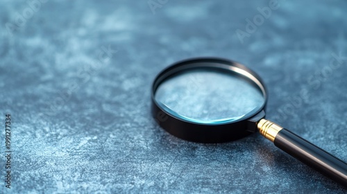 Magnifying glass lying on textured blue surface with shallow depth of field.