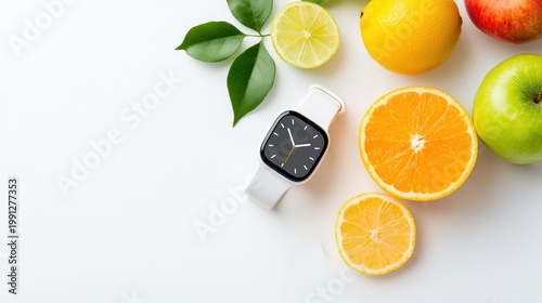Smartwatch with white band surrounded by fresh citrus fruits and leaves