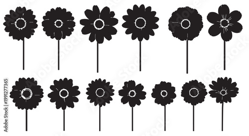 Black flower silhouettes vector graphic illustration with white centers and stems on isolated background for design and decoration purposes in modern style