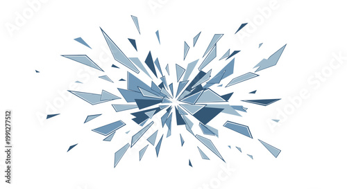 Abstract blue shattered glass shards exploding on white background