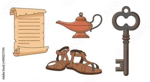Ancient scroll magic lamp sandals and vintage key icons