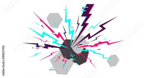 Abstract colorful lightning explosion with geometric shapes on white