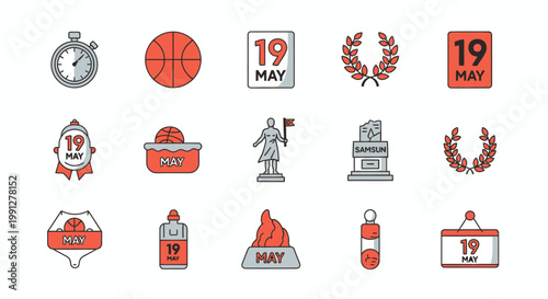 Ataturk Youth and Sports Day holiday icon set