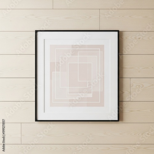 Contemporary abstract geometric art framed on a light wood plank wall interior design