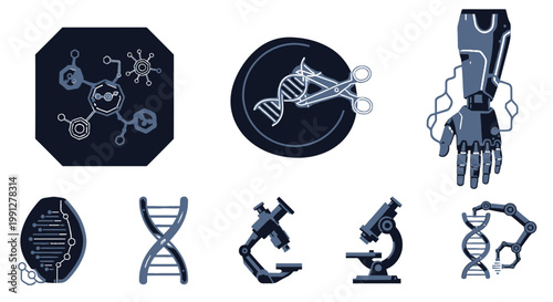 Biotechnology and genetic engineering icons for scientific research