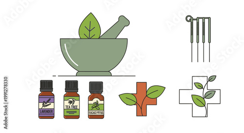 Alternative medicine icon set with essential oils and acupuncture