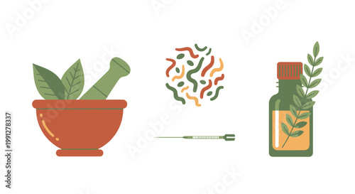 Alternative medicine icons with mortar pestle and acupuncture needle