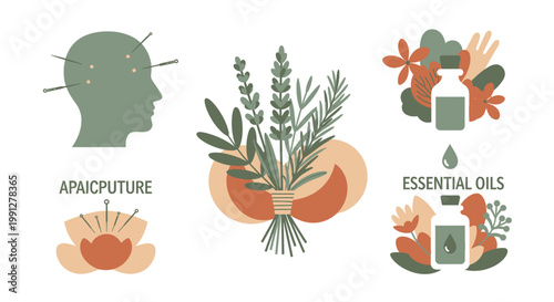Alternative medicine illustration with acupuncture herbs and essential oils