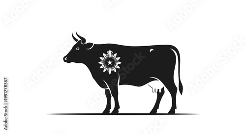 Black cow silhouette with sun star emblem on white background