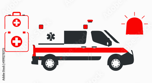 Ambulance vehicle with first aid kit and siren icons