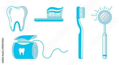 Blue dental hygiene icon set with toothbrush and floss