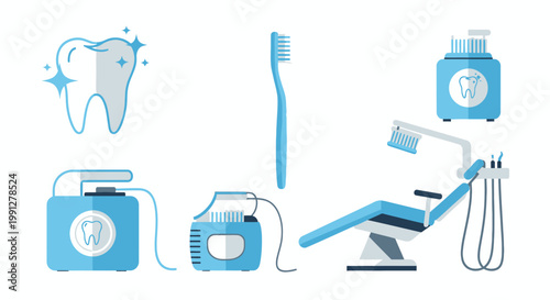 Blue dental healthcare icons with toothbrush floss and chair