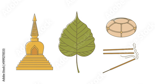 Buddhist icons including golden stupa bodhi leaf and incense sticks