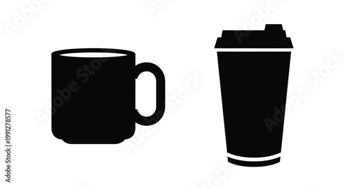 Simple black silhouettes of a ceramic mug and a travel tumbler