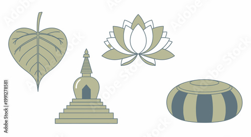 Buddhist spiritual icons with lotus stupa and bodhi leaf