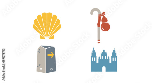 Camino de Santiago pilgrimage icons set with shell and cathedral