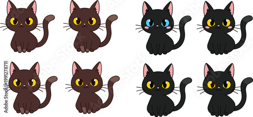 Cute black and brown cat cartoon character set with big eyes kitten poses vector illustration