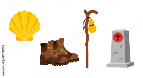 Camino de Santiago pilgrimage icons with scallop shell and boots