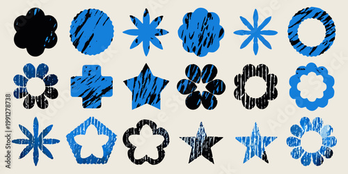 Abstract blue and black shapes arranged in a grid pattern