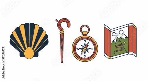 Camino de Santiago pilgrimage icons with scallop shell and map
