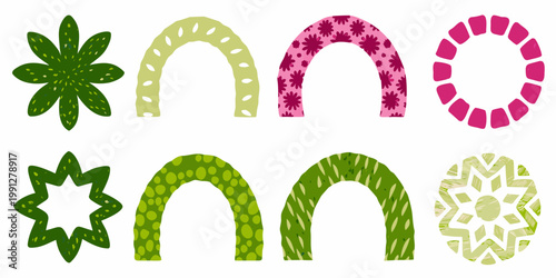 Colorful abstract shapes and patterns arranged in a grid formation