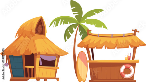 Beach hut and tropical bar vector illustration, summer seaside vacation elements with palm tree design