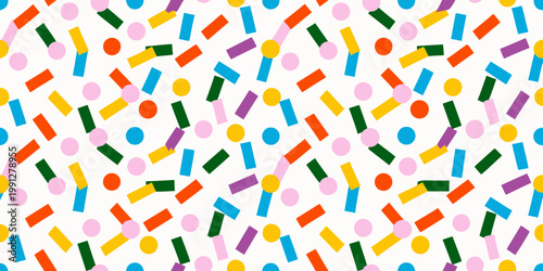 Colorful abstract confetti pattern with shapes scattered on a white background