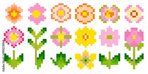 Colorful pixel art flowers arranged in a horizontal and vertical pattern