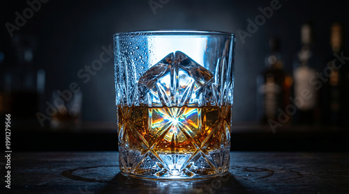 Crystal whiskey glass with large ice cube on dark bar counter