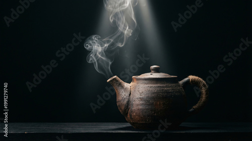 Rustic clay teapot with rising steam under a dramatic spotlight