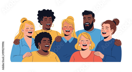 Diverse group of happy laughing friends standing together.