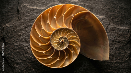 Nautilus shell spiral cross-section on a dark textured stone background