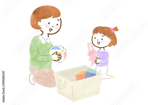 ママと女の子が一緒におもちゃを片付けているイラスト