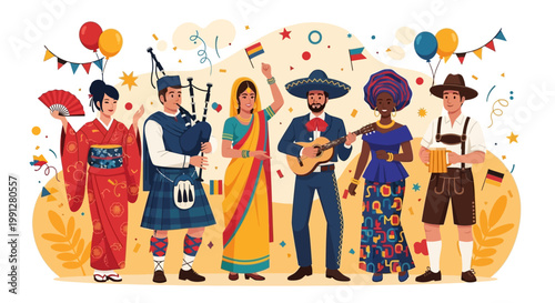 Diverse group of people in traditional national costumes from around the world.