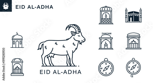 Eid Al Adha line art icons with goat and Kaaba