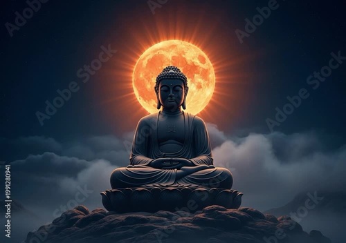 Serene buddha statue meditating on a lotus flower with a giant orange moon in the background.
