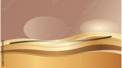 Abstract landscape with wavy lines and circles in shades of brown and gold on colored background