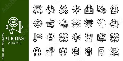 Artificial Intelligence Icon Set with AI Brain, Machine Learning, Robot, Data Network and Futuristic Technology Vector Collection