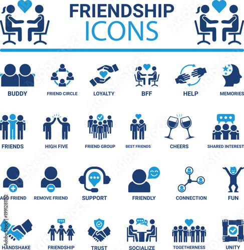 A comprehensive friendship vector icon set featuring buddy, loyalty, best friends, support, and socialize symbols