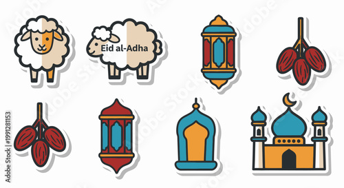 Eid al Adha sticker set with sheep mosque and lanterns