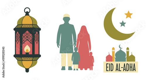 Eid al Adha vector icons with Muslim family silhouettes