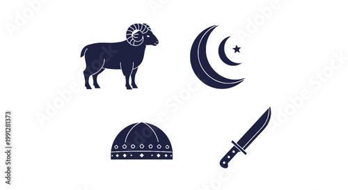 Eid al Adha vector icons with ram and crescent