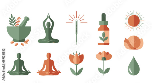 Flat holistic wellness and yoga icons on white background