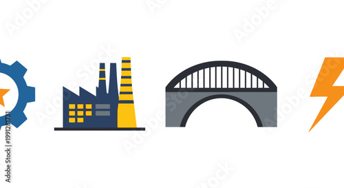 Flat industrial icons representing engineering energy factory and infrastructure