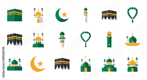 Flat Islamic icon set with Kaaba mosque and crescent moon