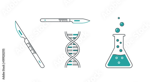 Flat medical icons featuring scalpel DNA helix and lab flask