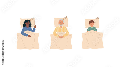 Diverse generations sleeping peacefully in beds. Adults, seniors, and children resting. Good sleep concept illustration.